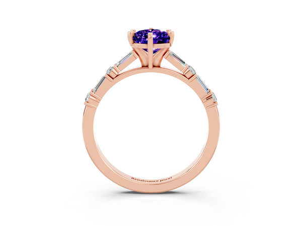 Rose gold Pear Cut Tanzanite Solitaire with Side Baguettes and Channel Set Band