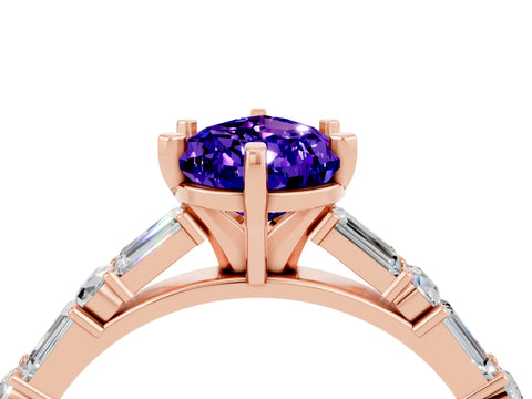 Rose gold Pear Cut Tanzanite Solitaire with Side Baguettes and Channel Set Band_4