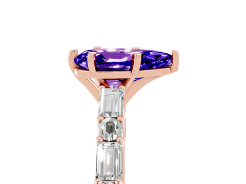 Rose gold Pear Cut Tanzanite Solitaire with Side Baguettes and Channel Set Band_5