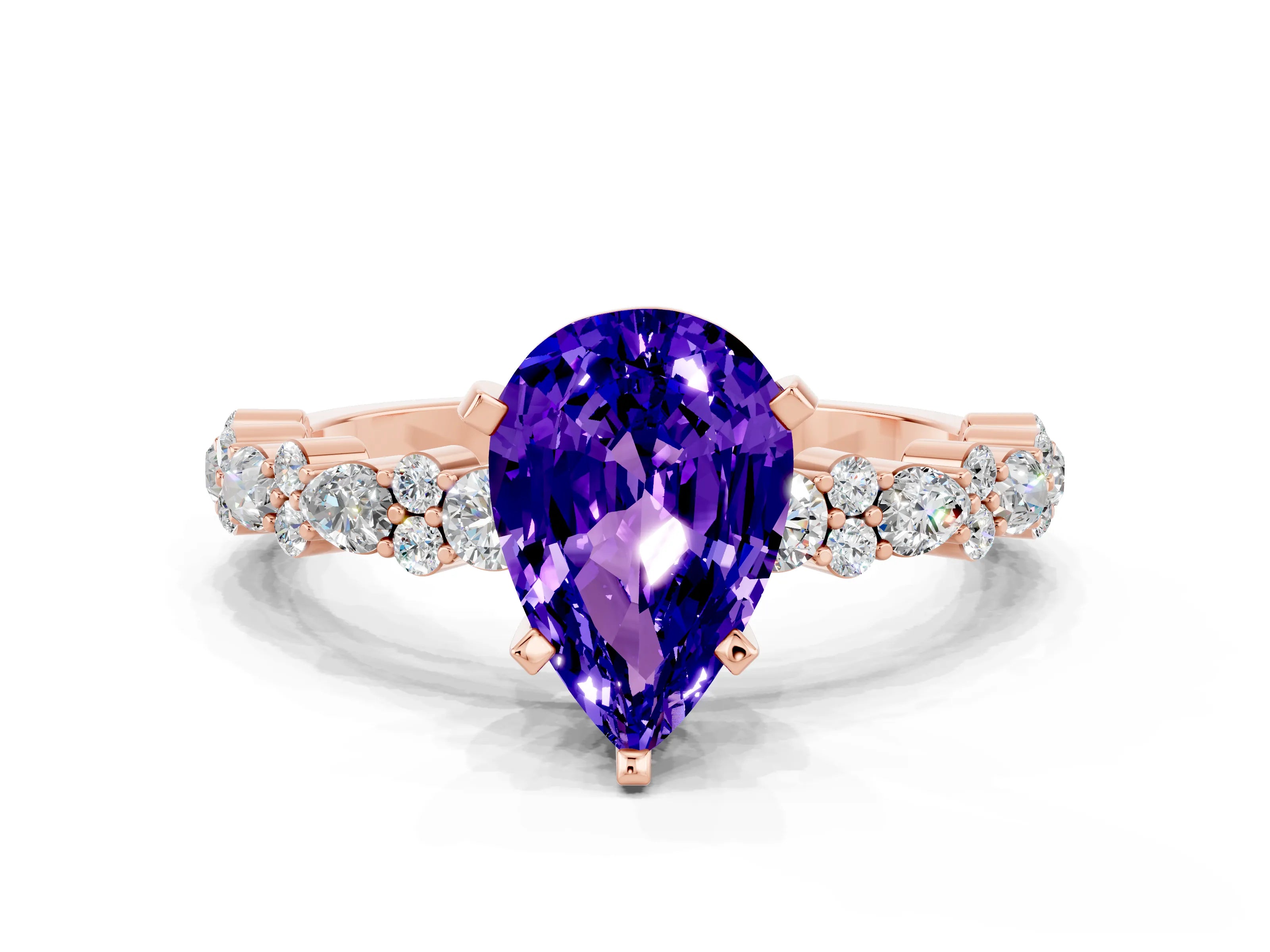 Rose gold Pear Cut Tanzanite Solitaire with Side Stones, Pave Band, Four-Prong Setting_36