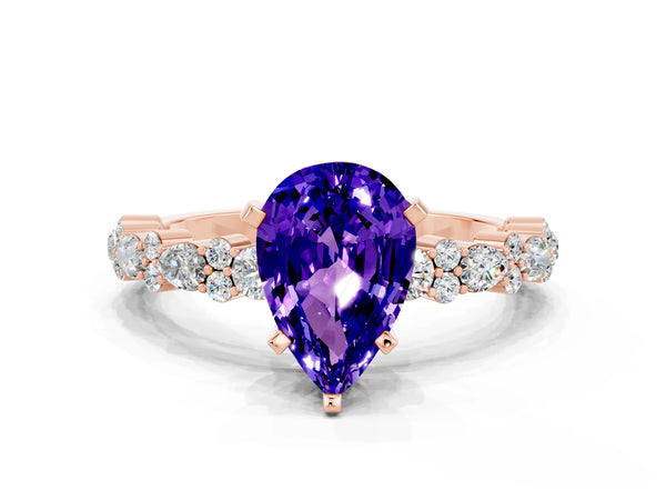 Rose gold Pear Cut Tanzanite Side Stone Solitaire Ring with Round  and Four-Prong Setting