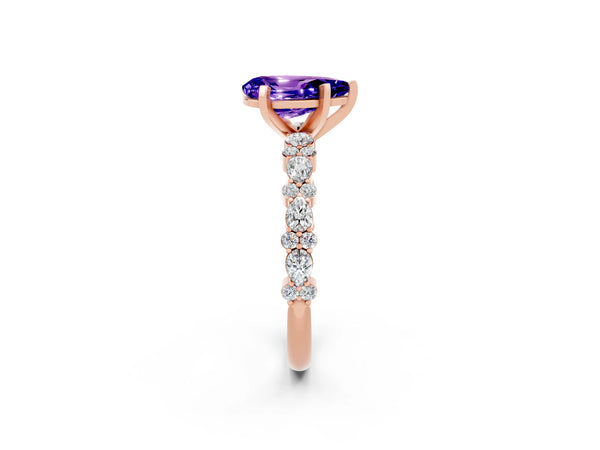 Rose gold Pear Cut Tanzanite Side Stone Solitaire Ring with Round  and Four-Prong Setting