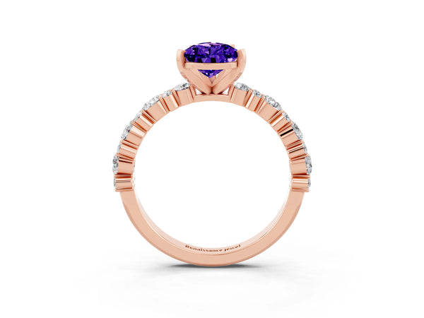 Rose gold Pear Cut Tanzanite Side Stone Solitaire Ring with Round  and Four-Prong Setting