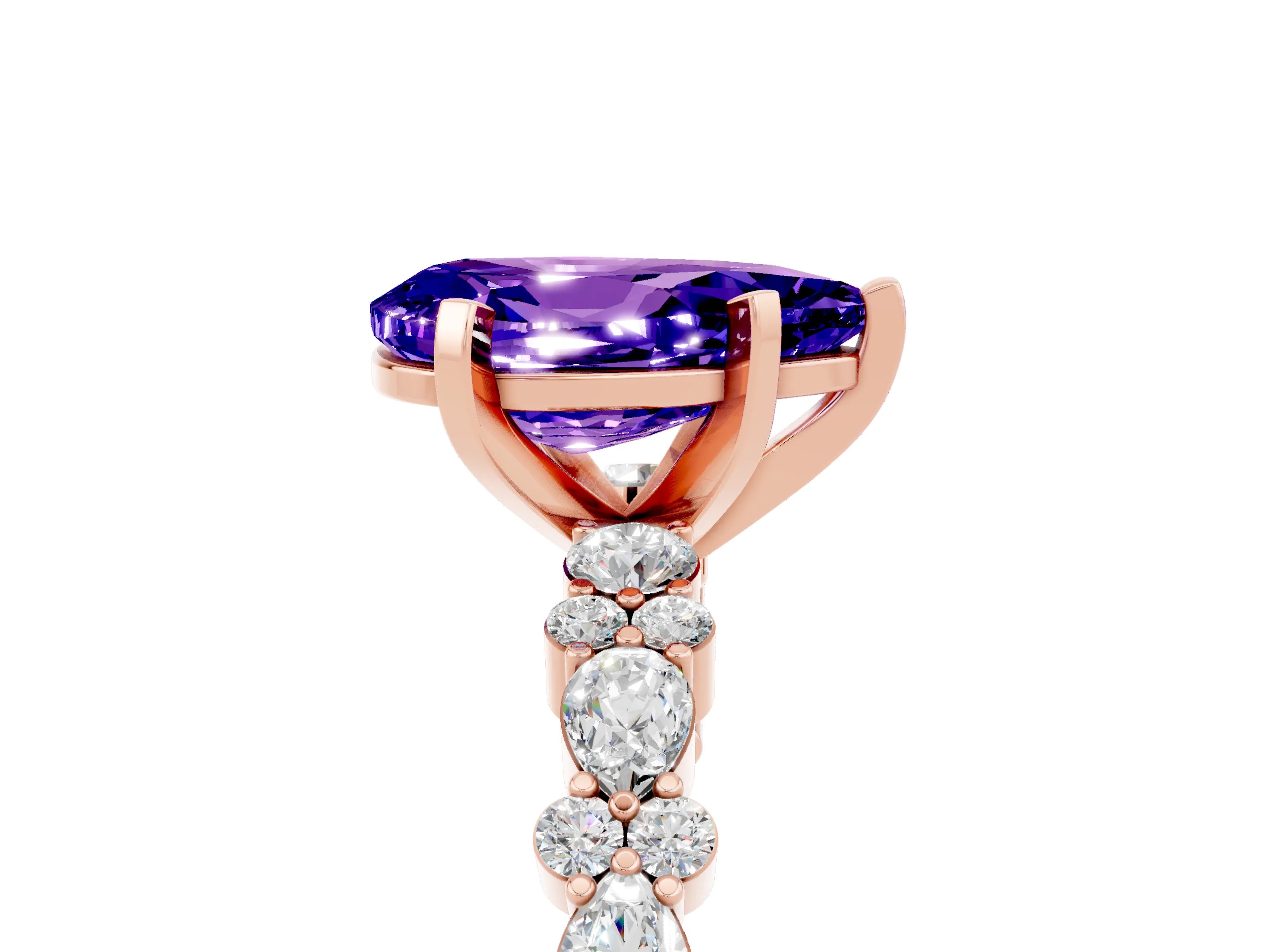Rose gold Pear Cut Tanzanite Solitaire with Side Stones, Pave Band, Four-Prong Setting_41