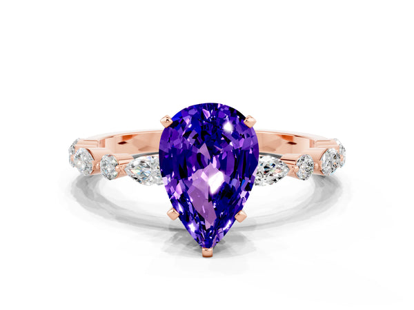 Rose gold Pear Cut Tanzanite Ring with Marquise and Round  Side Stones and Four-Prong Setting