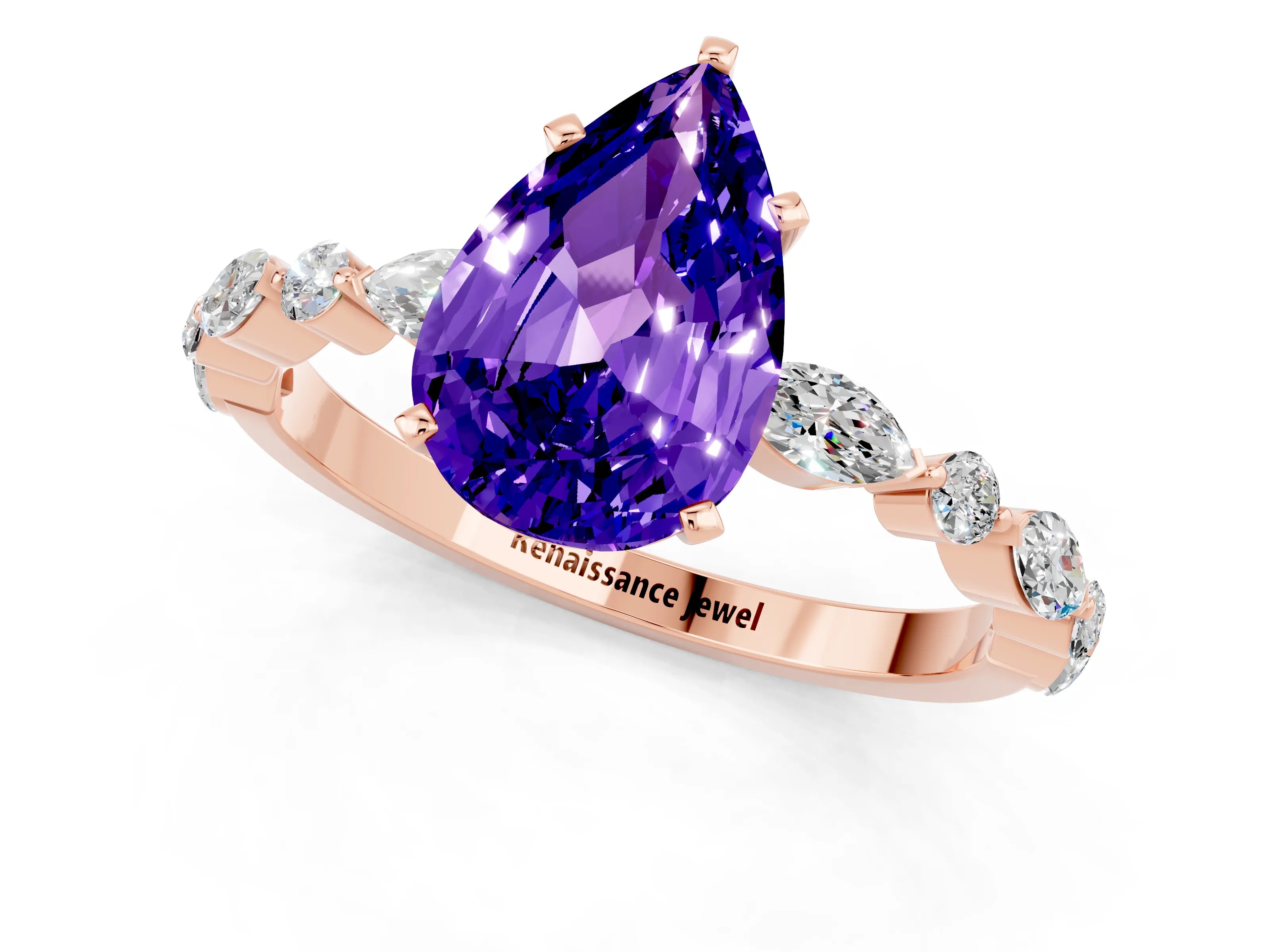 Rose gold Pear Cut Tanzanite Solitaire with Side Stones on a Pavé Band and Four-Prong Setting_1