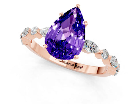 Rose gold Pear Cut Tanzanite Solitaire with Side Stones on a Pavé Band and Four-Prong Setting_1