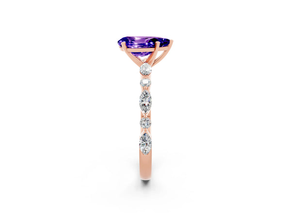 Rose gold Pear Cut Tanzanite Ring with Marquise and Round  Side Stones and Four-Prong Setting