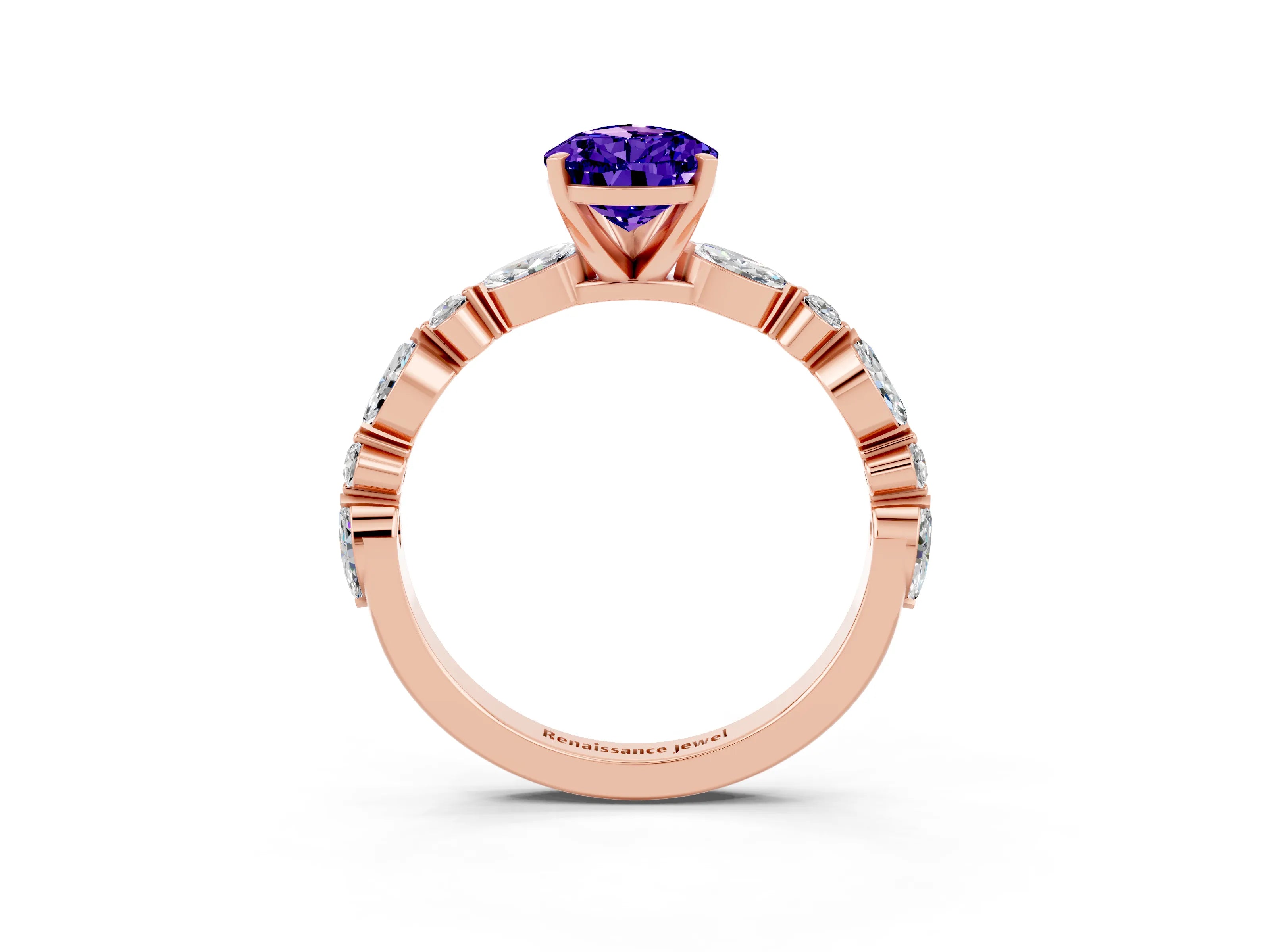 Rose gold Pear Cut Tanzanite Solitaire with Side Stones on a Pavé Band and Four-Prong Setting_3
