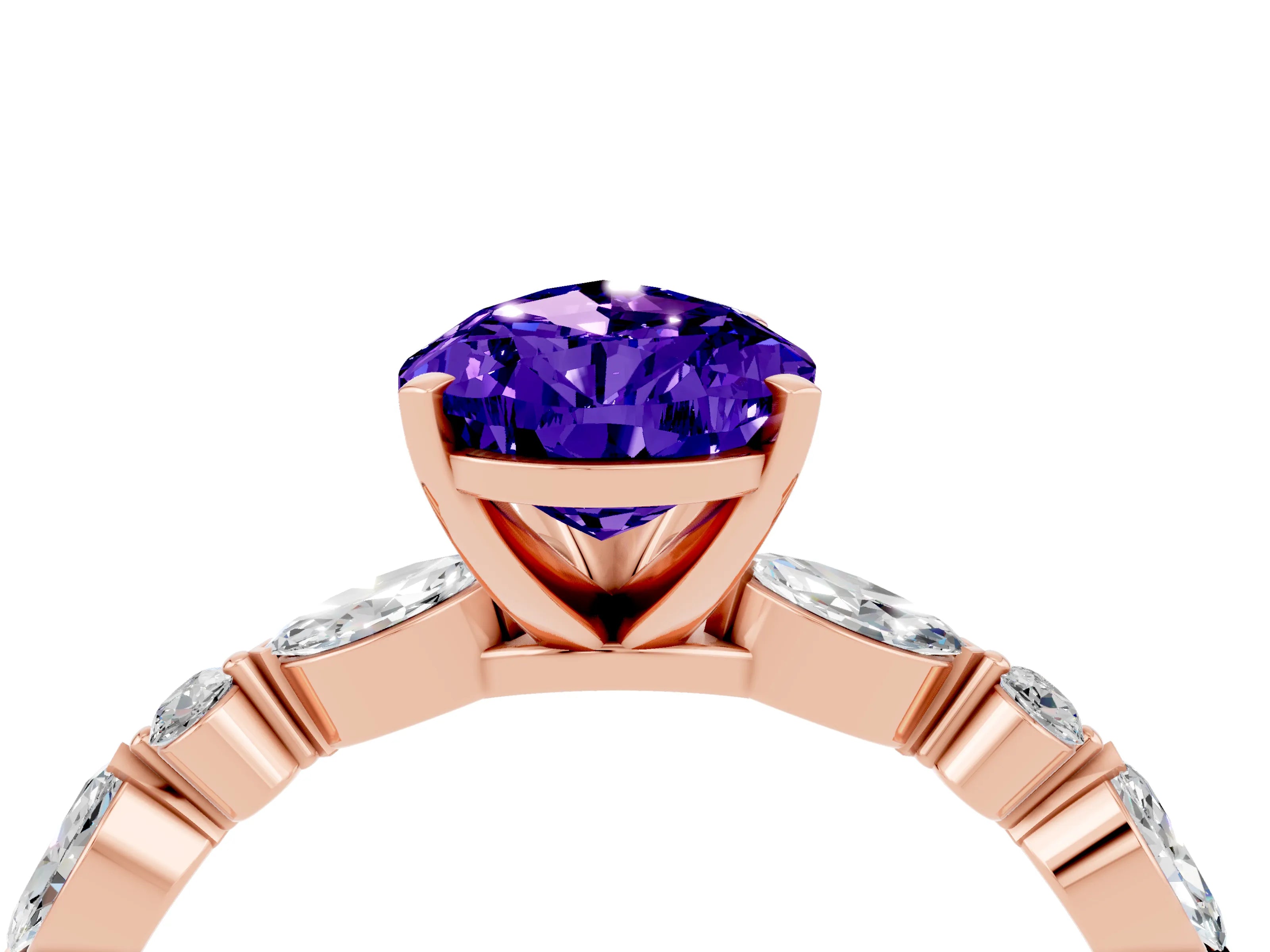 Rose gold Pear Cut Tanzanite Solitaire with Side Stones on a Pavé Band and Four-Prong Setting_4