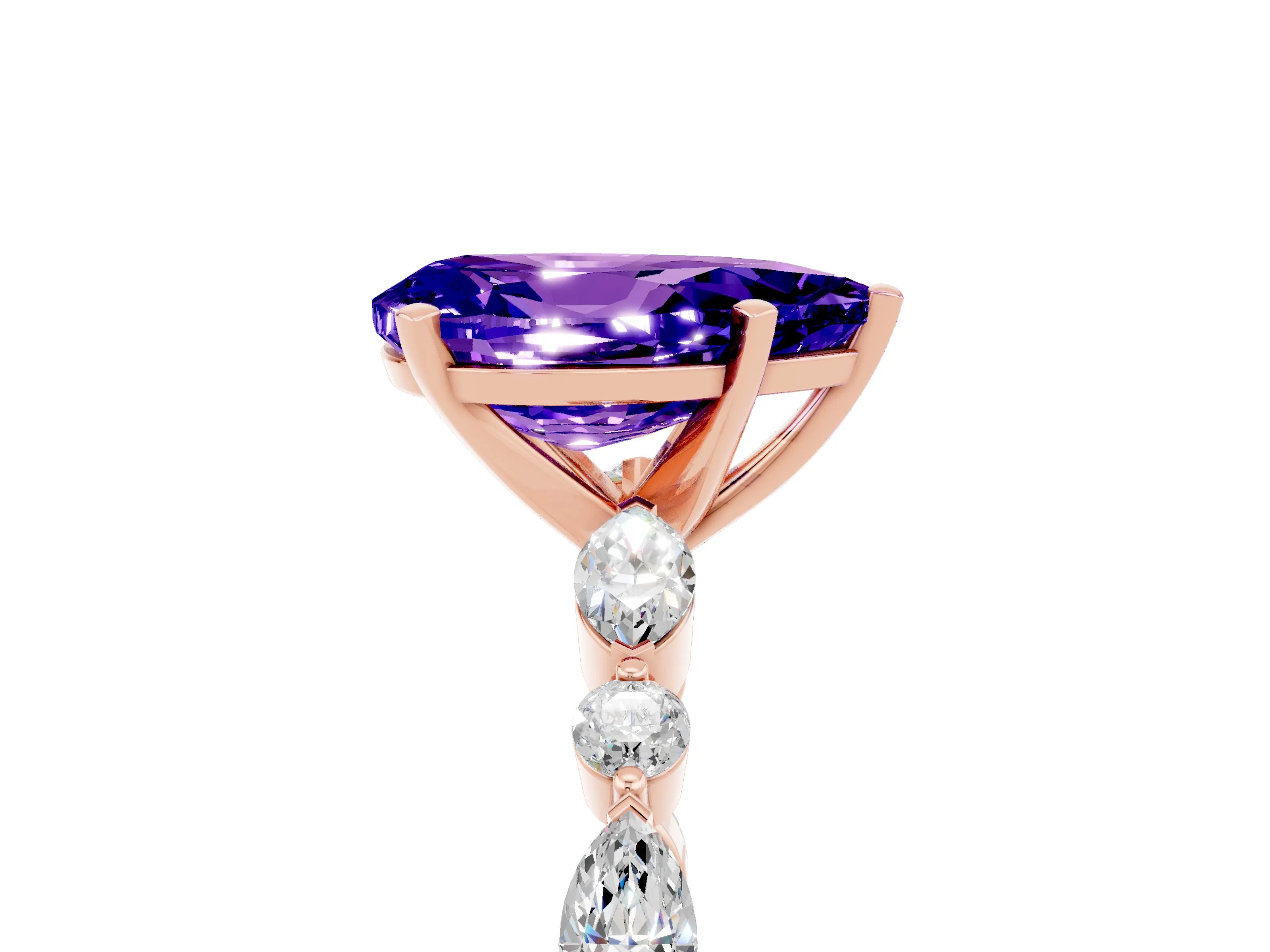 Rose gold Pear Cut Tanzanite Solitaire with Side Stones on a Pavé Band and Four-Prong Setting_5