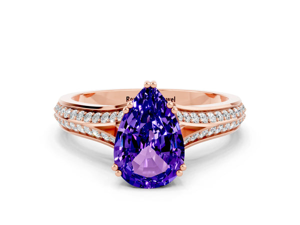 Rose gold Pear Cut Tanzanite Split Shank Engagement Ring with Pavé Band