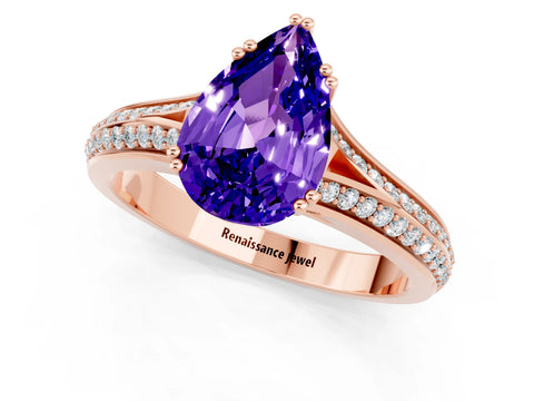 Rose gold Pear Cut Tanzanite Split Shank Engagement Ring with Pavé Band_1
