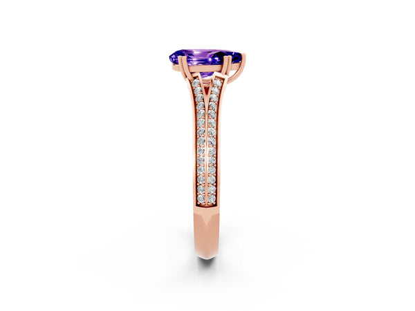 Rose gold Pear Cut Tanzanite Split Shank Engagement Ring with Pavé Band