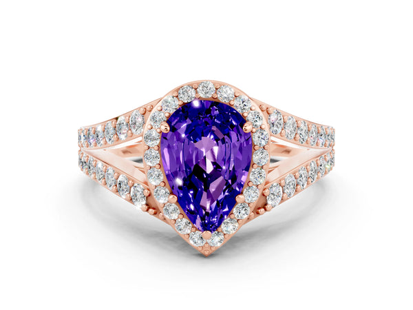 Rose gold Pear Cut Tanzanite Split Shank Halo Ring with Four-Prong Setting