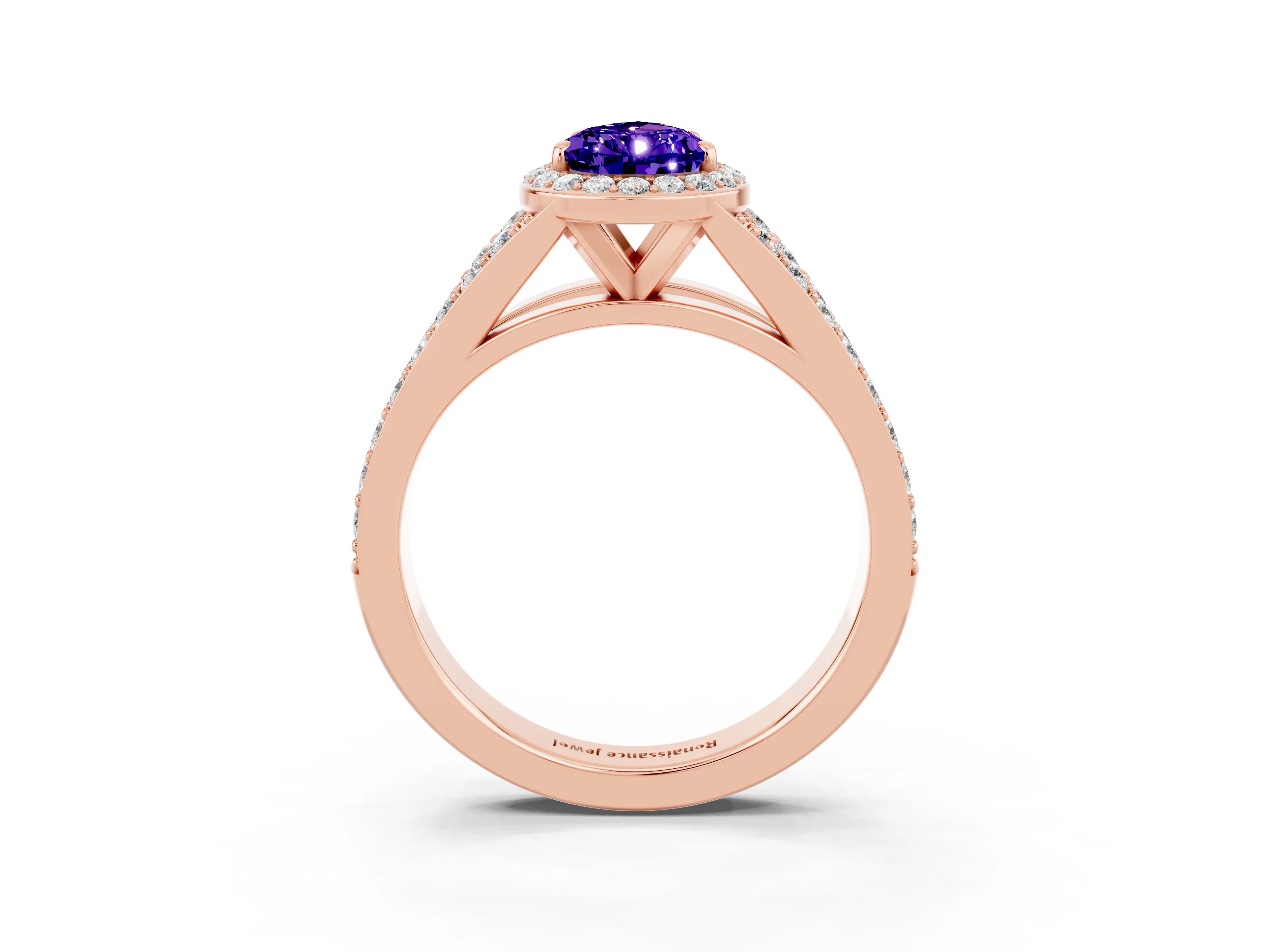 Rose gold Pear Cut Tanzanite Split Shank Halo Ring with Four-Prong Setting_15