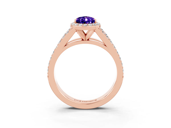 Rose gold Pear Cut Tanzanite Split Shank Halo Ring with Four-Prong Setting