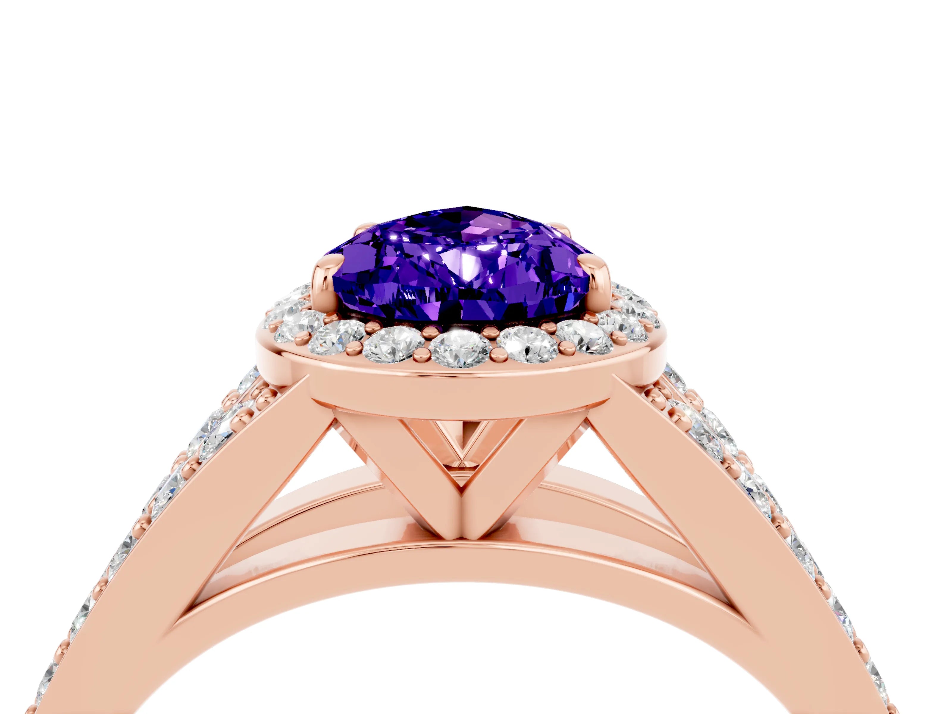 Rose gold Pear Cut Tanzanite Split Shank Halo Ring with Four-Prong Setting_16