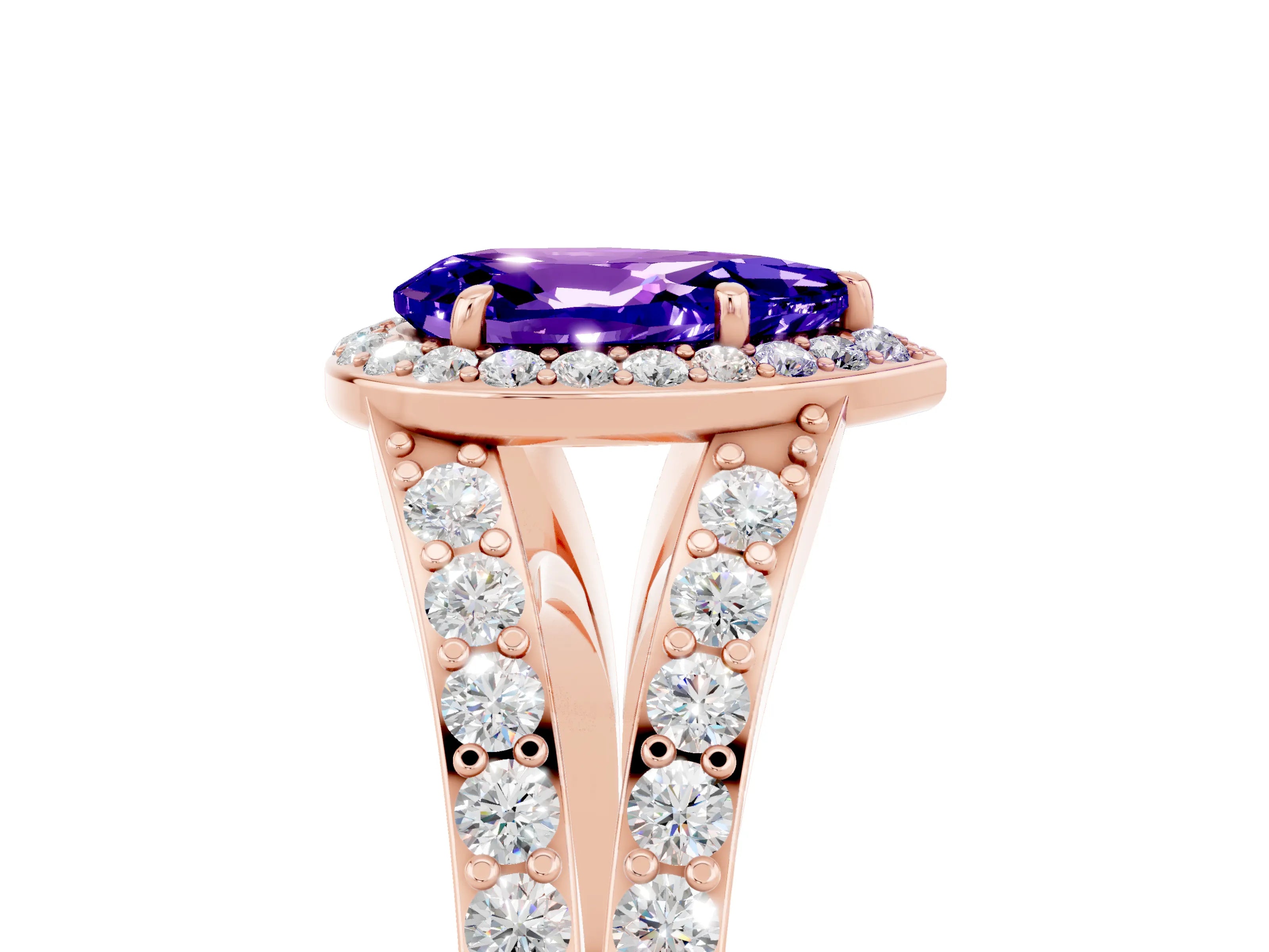 Rose gold Pear Cut Tanzanite Split Shank Halo Ring with Four-Prong Setting_17
