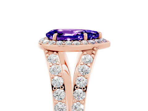 Rose gold Pear Cut Tanzanite Split Shank Halo Ring with Four-Prong Setting_17