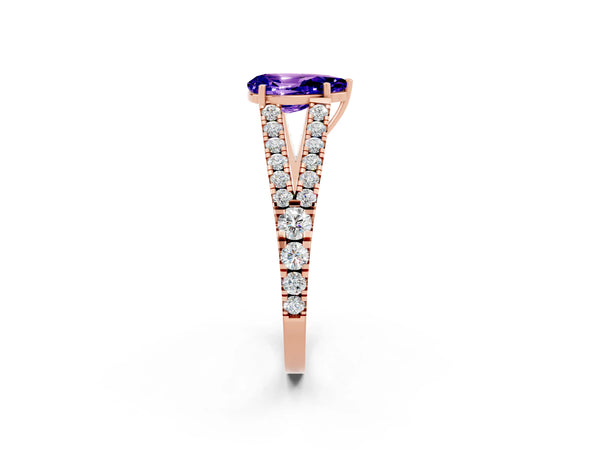 Rose gold Pear Cut Tanzanite Split Shank Pavé Engagement Ring with Four-Prong Setting