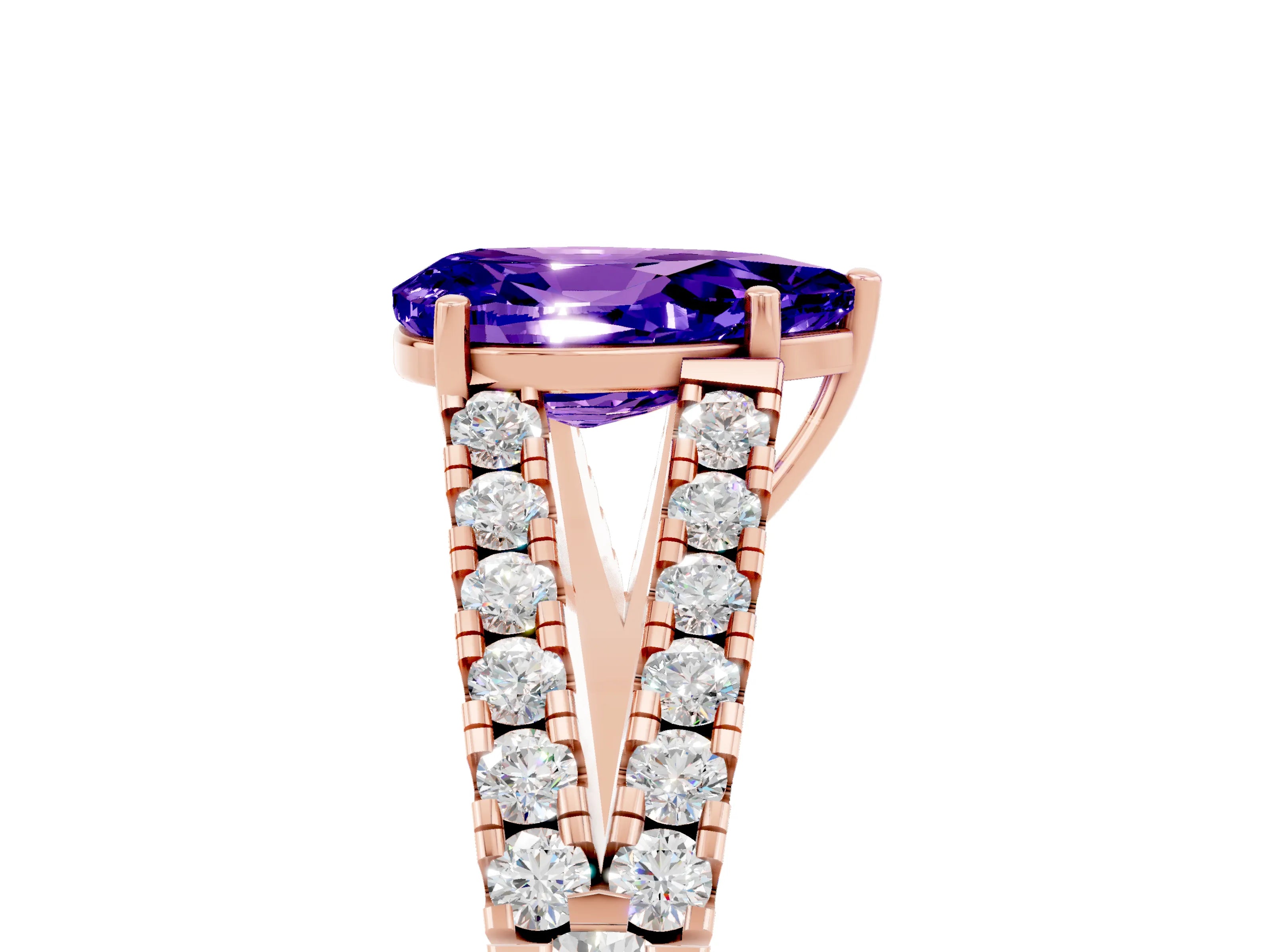 Rose gold Pear Cut Tanzanite Split Shank Pavé Engagement Ring with Four-Prong Setting_17