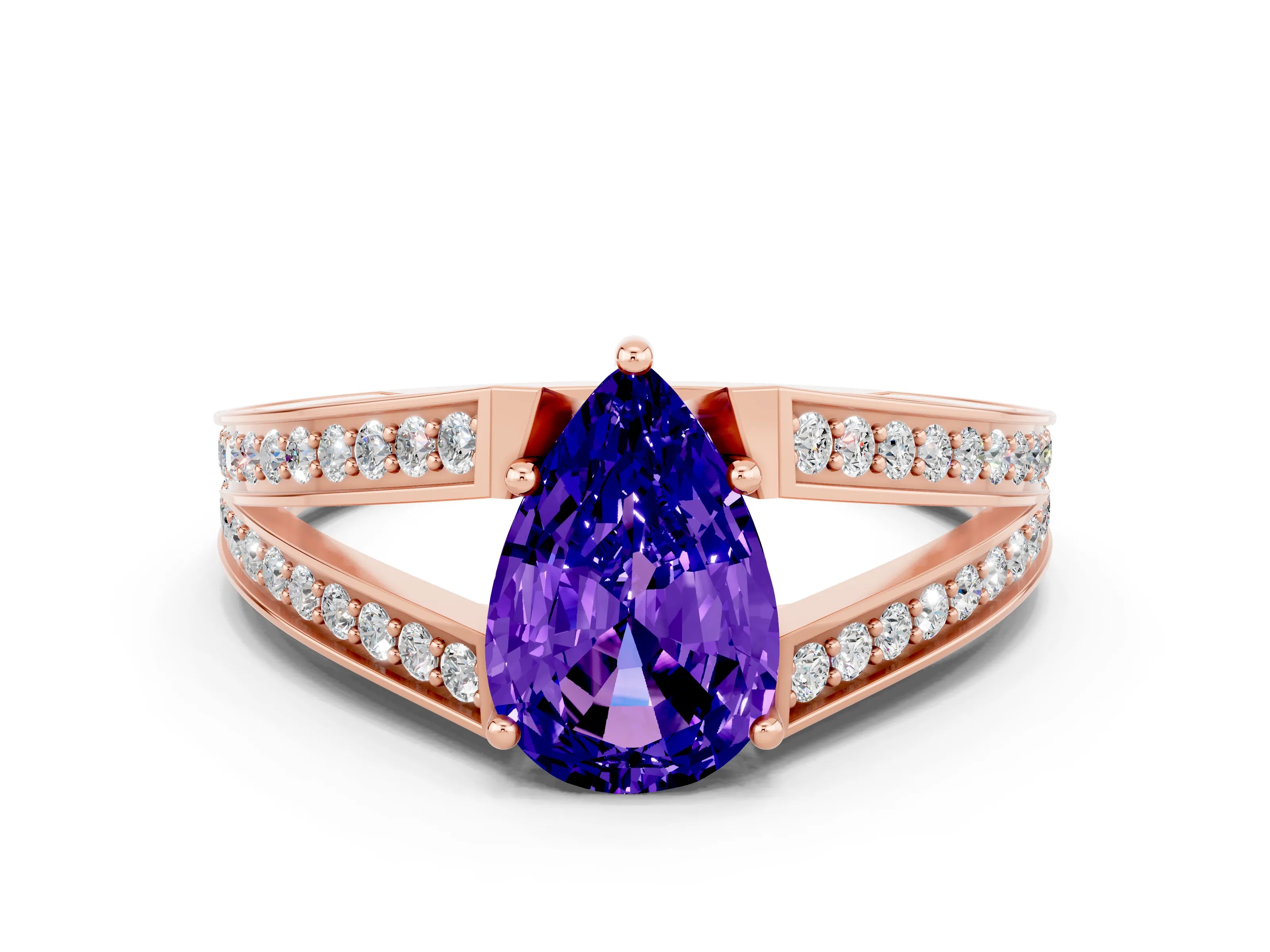 Rose gold Pear Cut Tanzanite Split Shank Ring with Pavé Band and Four-Prong Setting