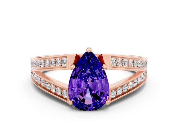Rose gold Pear Cut Tanzanite Split Shank Ring with Pavé Band and Four-Prong Setting