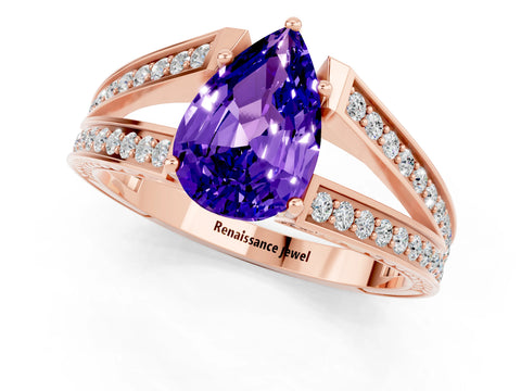 Rose gold Pear Cut Tanzanite Split Shank Ring with Pavé Band and Four-Prong Setting_1