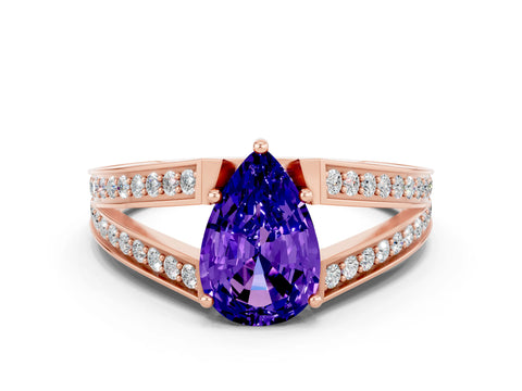 Rose gold Pear Cut Tanzanite Split Shank Ring with Pavé Band and Four-Prong Setting
