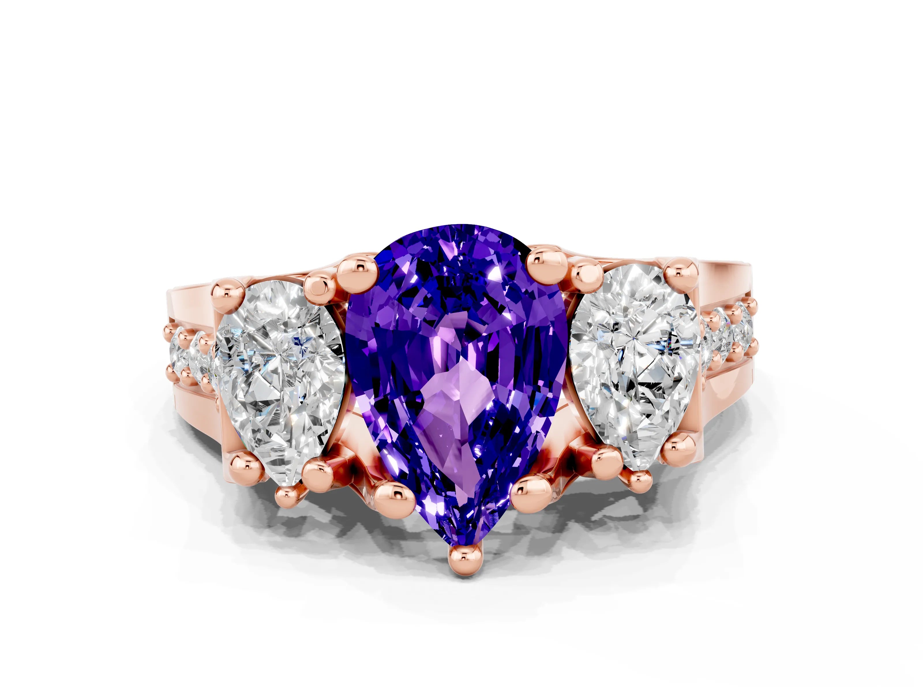 Rose gold Pear Cut Tanzanite Three-Stone Ring with Channel Set Band and Four-Prong Setting