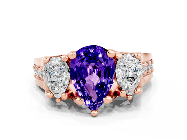 Rose gold Pear Cut Tanzanite Three-Stone Ring with Channel Set Band and Four-Prong Setting