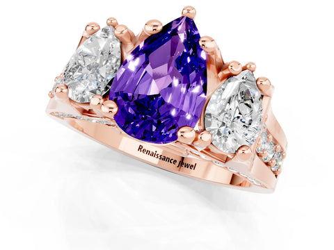 Rose gold Pear Cut Tanzanite Three-Stone Ring with Channel Set Band and Four-Prong Setting_1