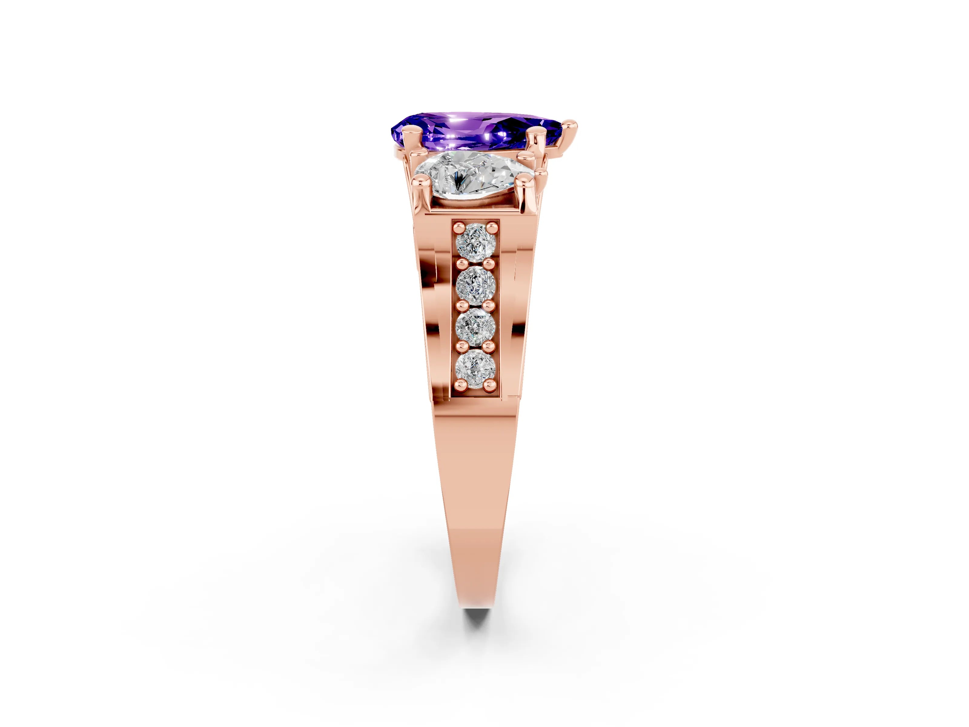 Rose gold Pear Cut Tanzanite Three-Stone Ring with Channel Set Band and Four-Prong Setting_2
