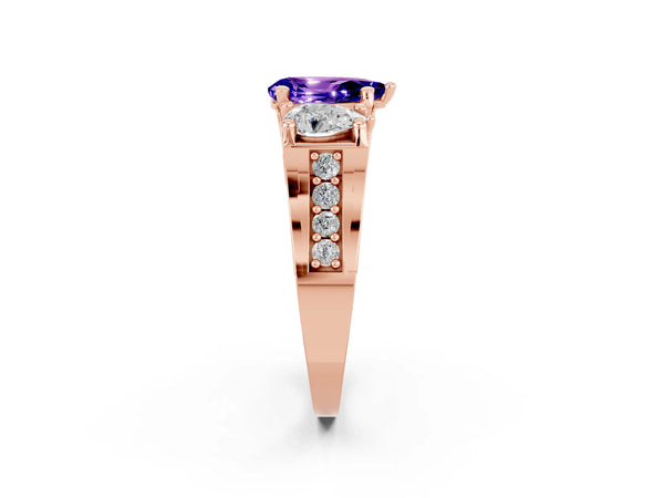 Rose gold Pear Cut Tanzanite Three-Stone Ring with Channel Set Band and Four-Prong Setting