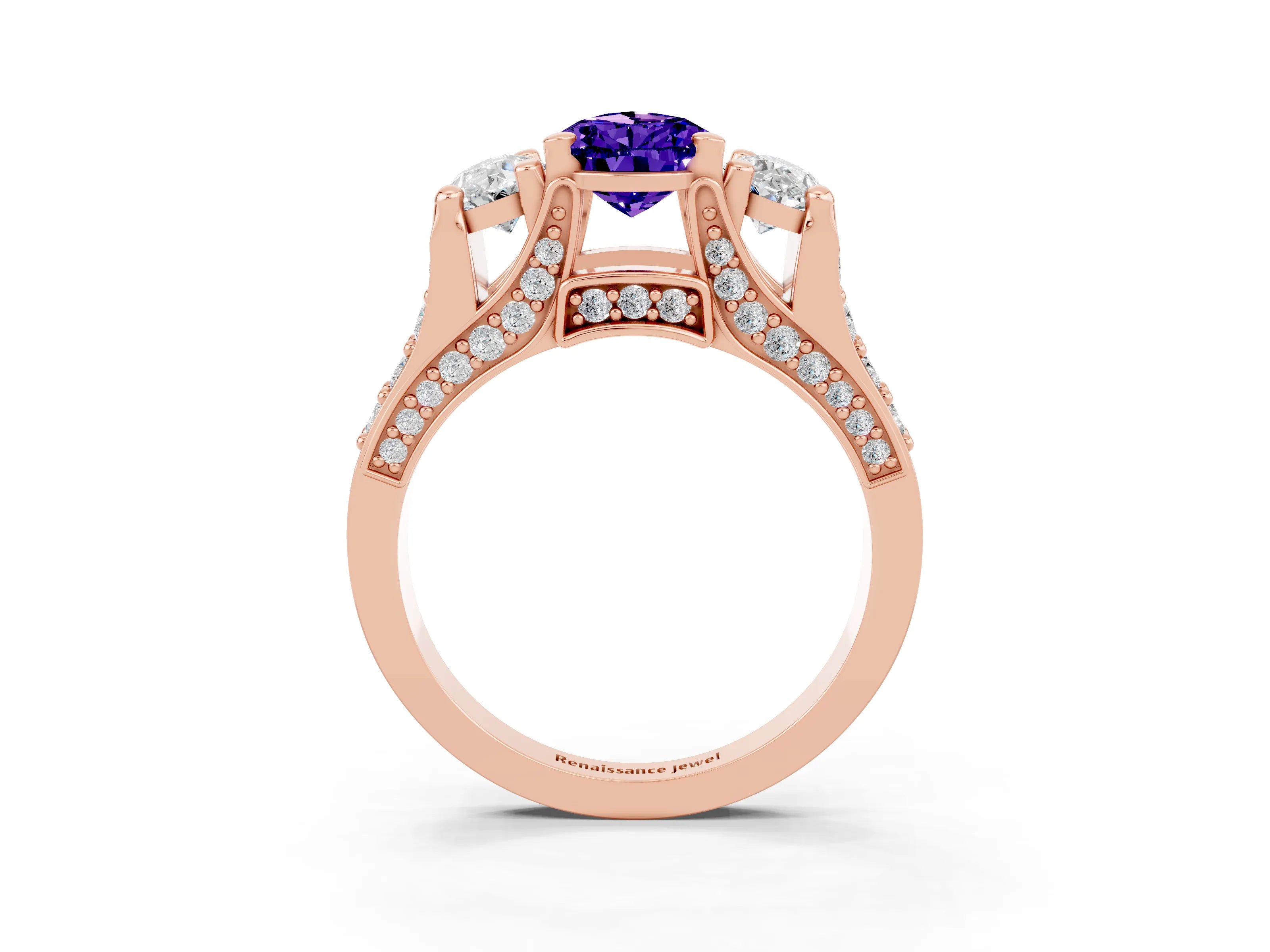Rose gold Pear Cut Tanzanite Three-Stone Ring with Channel Set Band and Four-Prong Setting_3