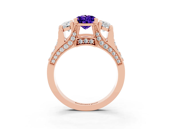 Rose gold Pear Cut Tanzanite Three-Stone Ring with Channel Set Band and Four-Prong Setting