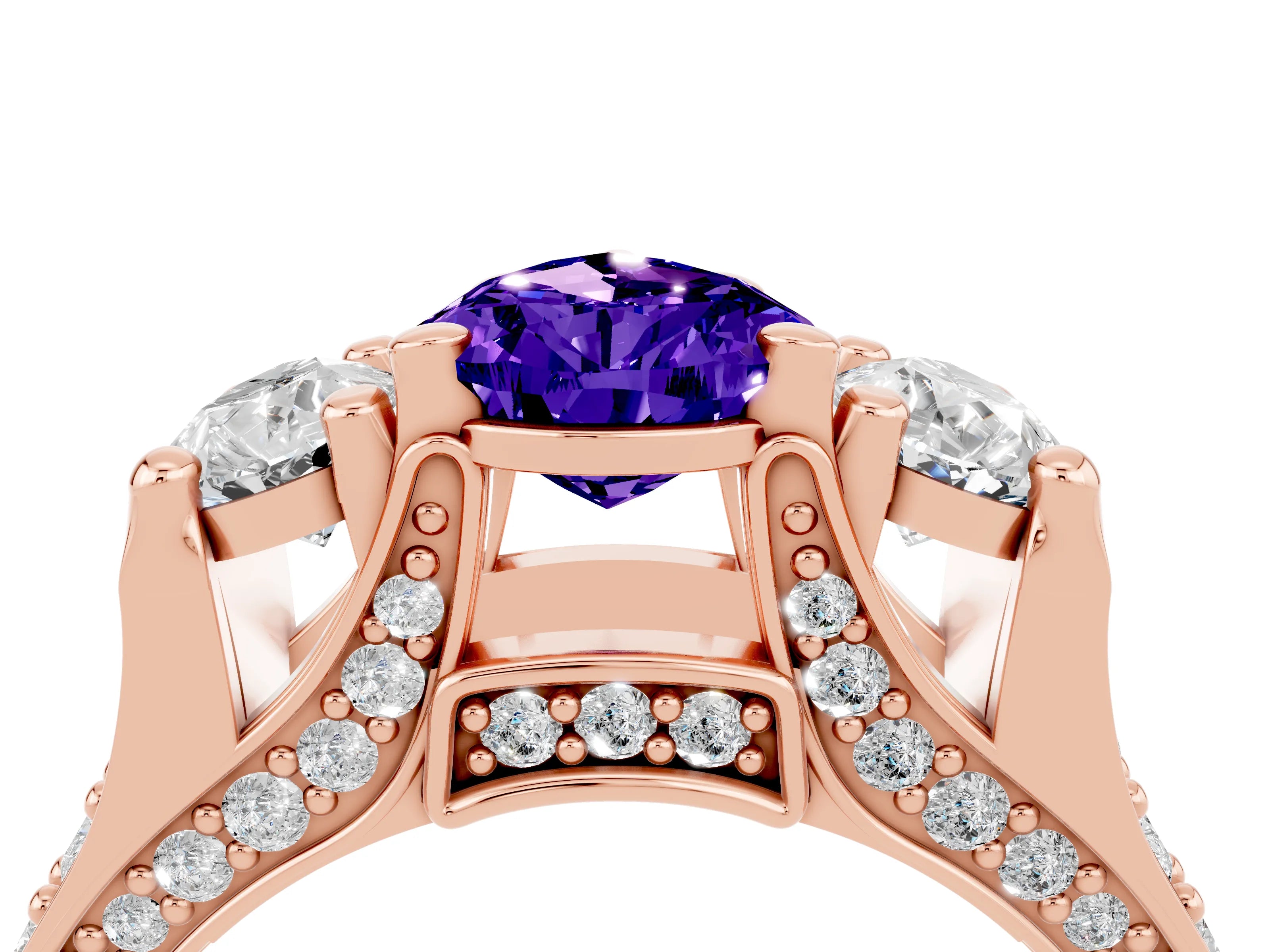 Rose gold Pear Cut Tanzanite Three-Stone Ring with Channel Set Band and Four-Prong Setting_4