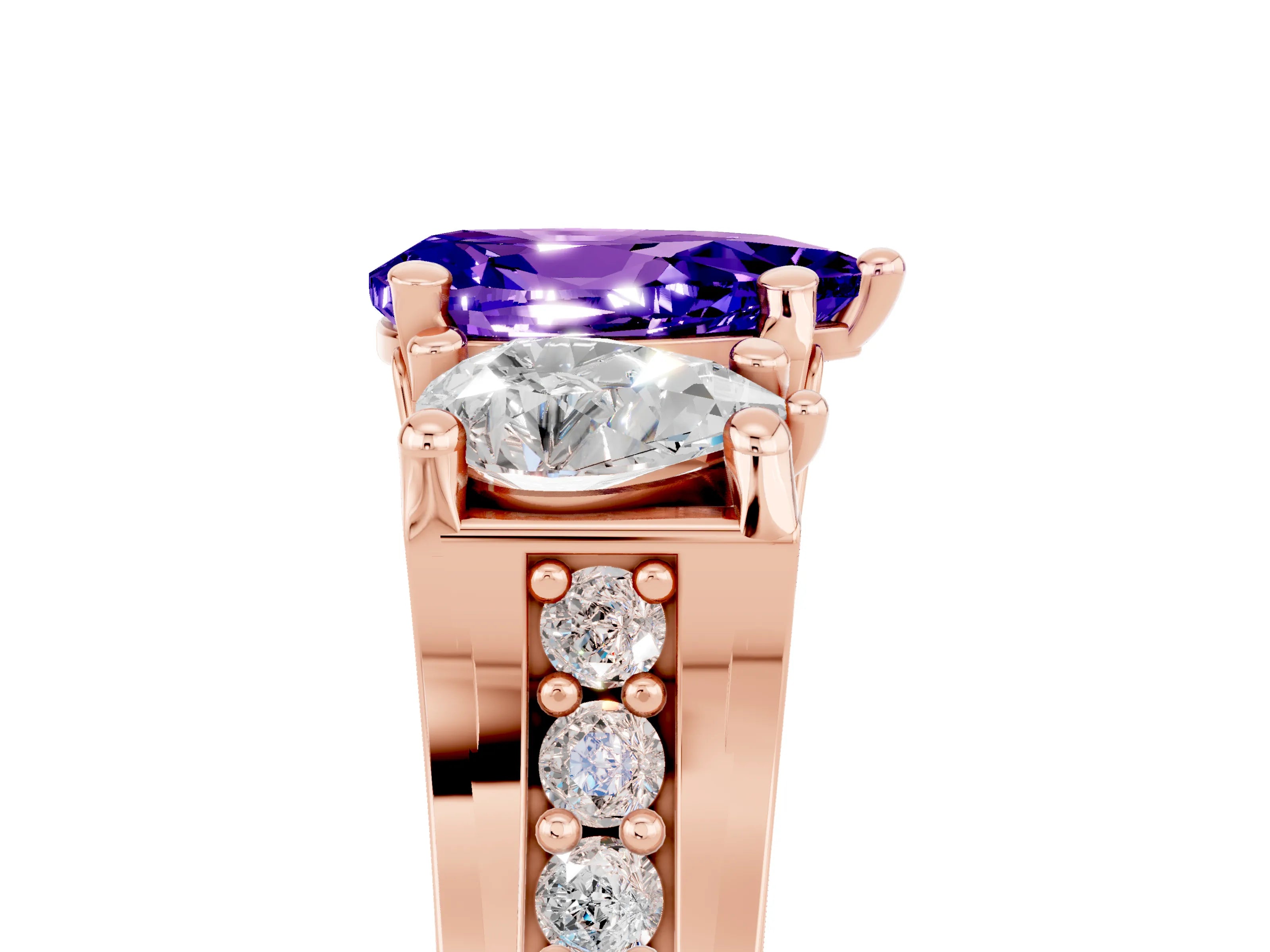 Rose gold Pear Cut Tanzanite Three-Stone Ring with Channel Set Band and Four-Prong Setting_5