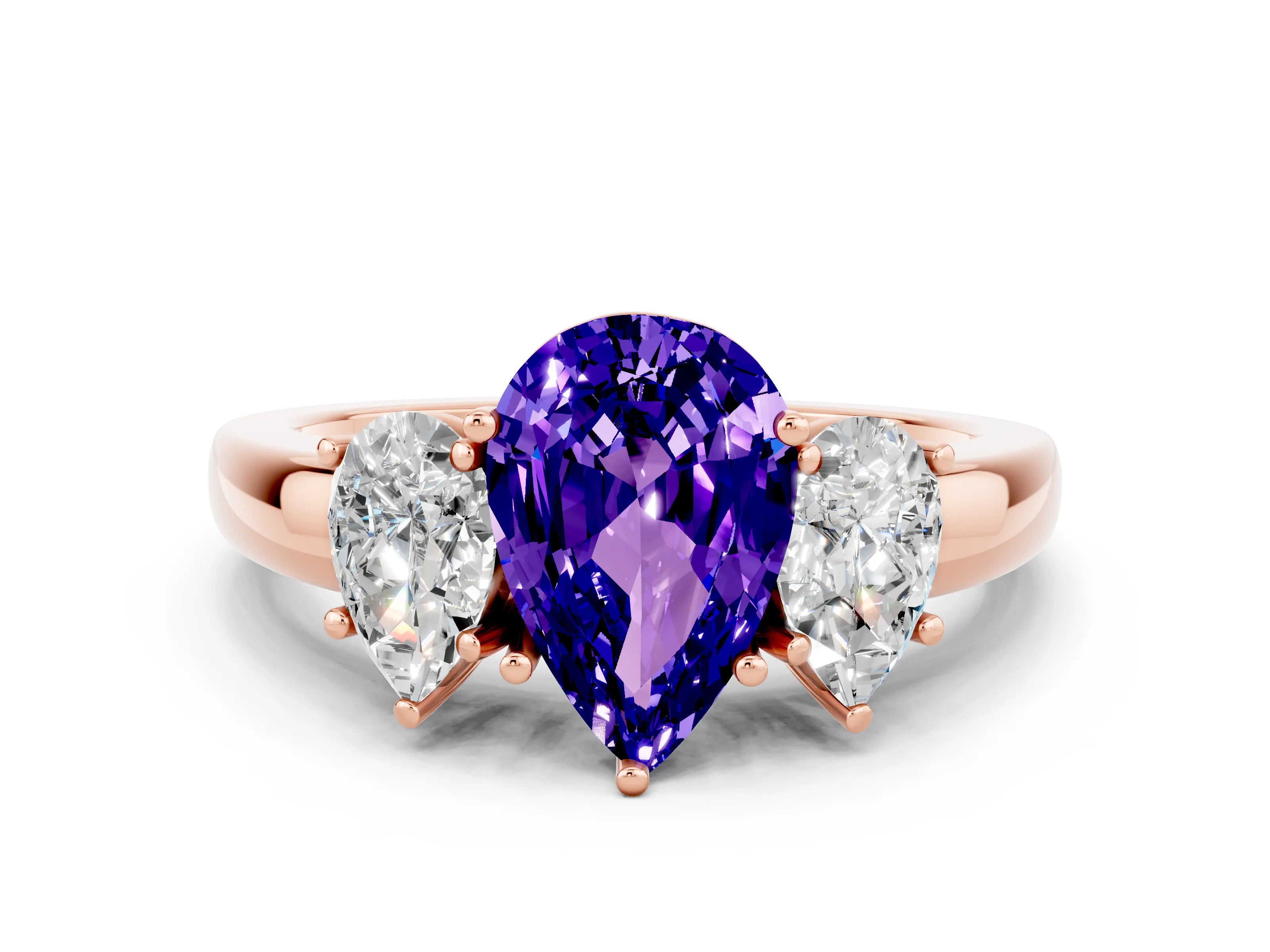 Rose gold Pear Cut Tanzanite Three-Stone Ring with Four-Prong Setting and Classic Band