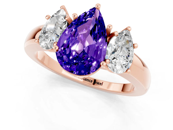 Rose gold Pear Cut Tanzanite Three-Stone Ring with Four-Prong Setting and Classic Band