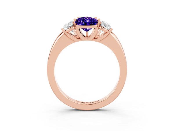 Rose gold Pear Cut Tanzanite Three-Stone Ring with Four-Prong Setting and Classic Band