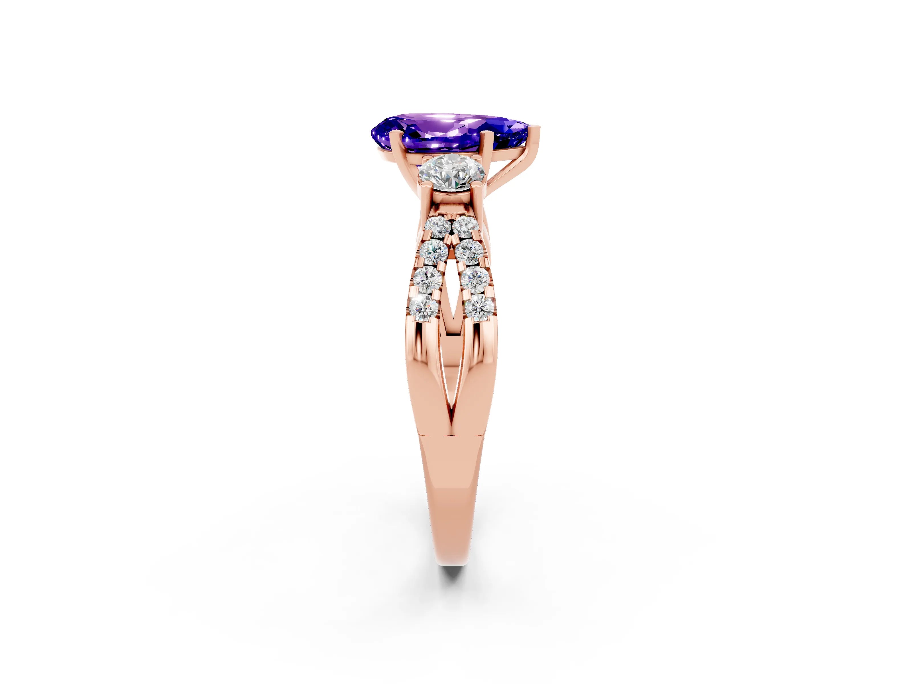 Rose gold Pear Cut Tanzanite Three-Stone Ring with Pavé Split Shank and Four-Prong Setting_14