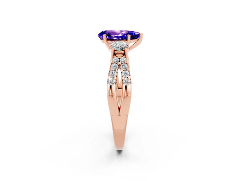 Rose gold Pear Cut Tanzanite Three-Stone Ring with Pavé Split Shank and Four-Prong Setting_14