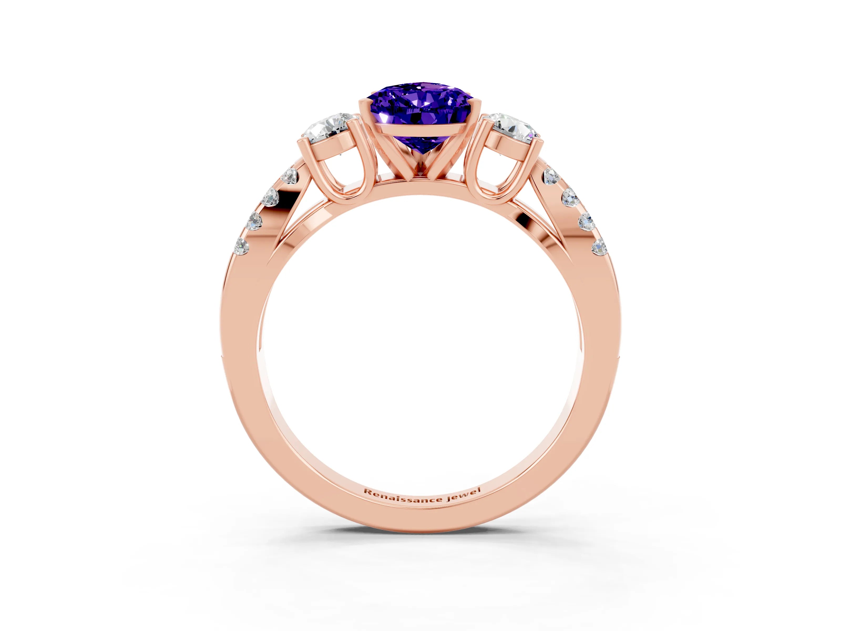 Rose gold Pear Cut Tanzanite Three-Stone Ring with Pavé Split Shank and Four-Prong Setting_15
