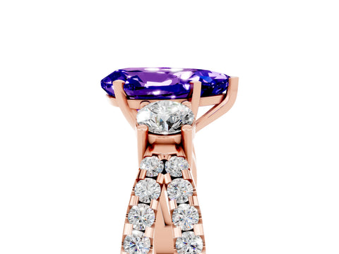 Rose gold Pear Cut Tanzanite Three-Stone Ring with Pavé Split Shank and Four-Prong Setting_17