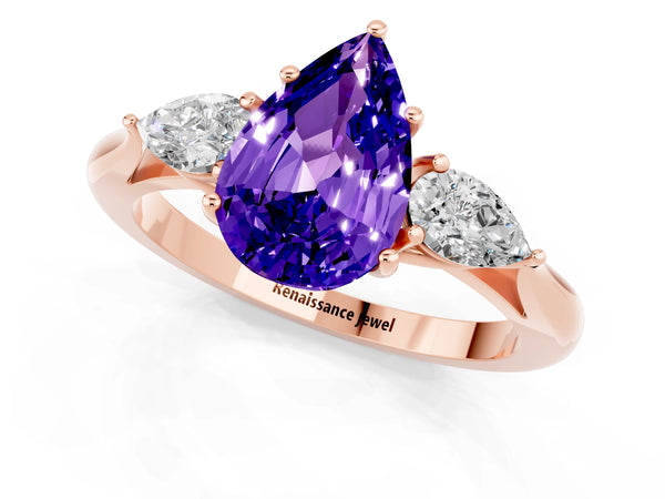 Rose gold Pear Cut Tanzanite Three-Stone Ring with Pear  Side Stones and Prong Setting