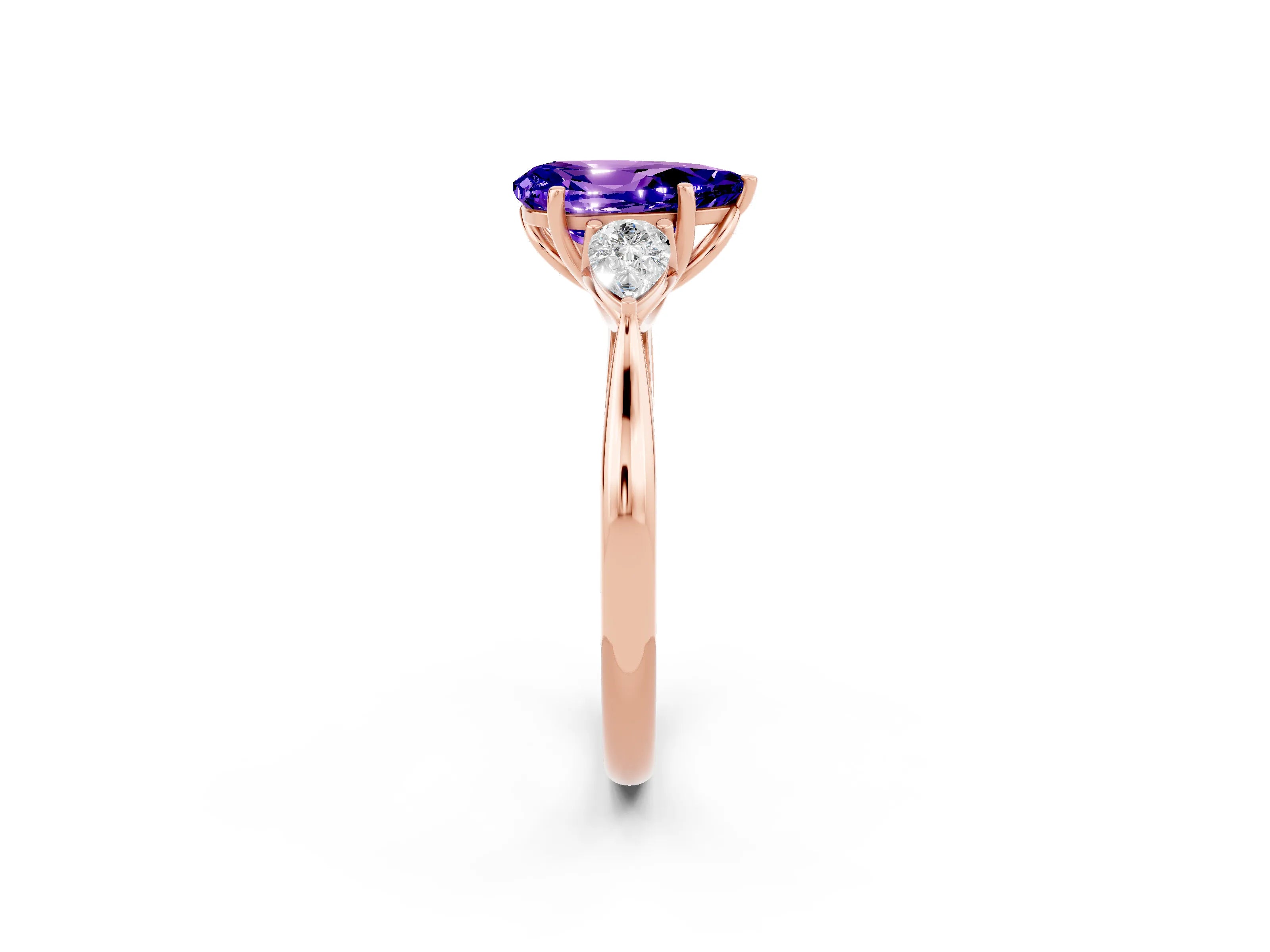 Rose gold Pear Cut Tanzanite Three-Stone Ring with Pear Side Stones and Four-Prong Setting_14