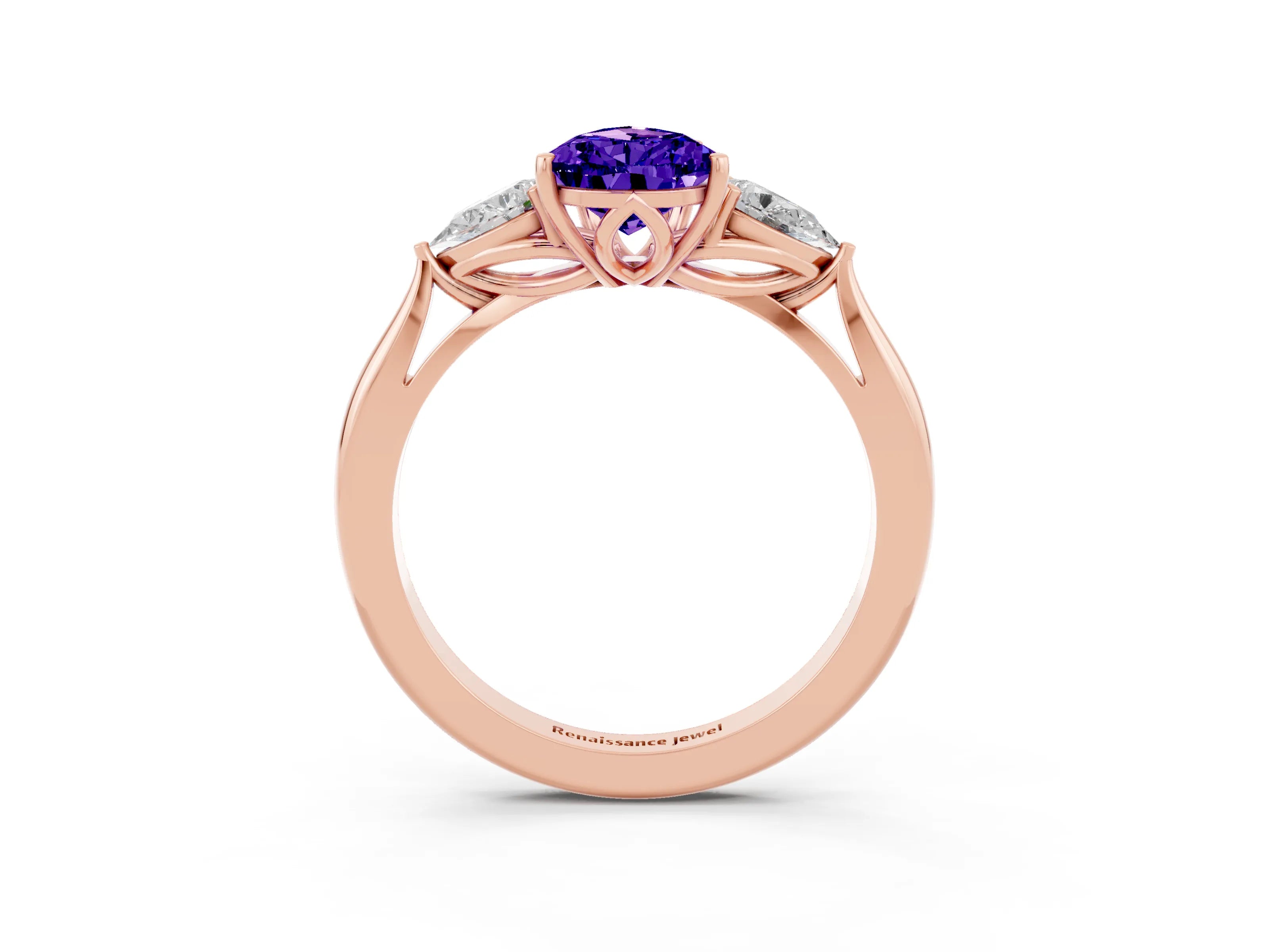 Rose gold Pear Cut Tanzanite Three-Stone Ring with Pear Side Stones and Four-Prong Setting_15