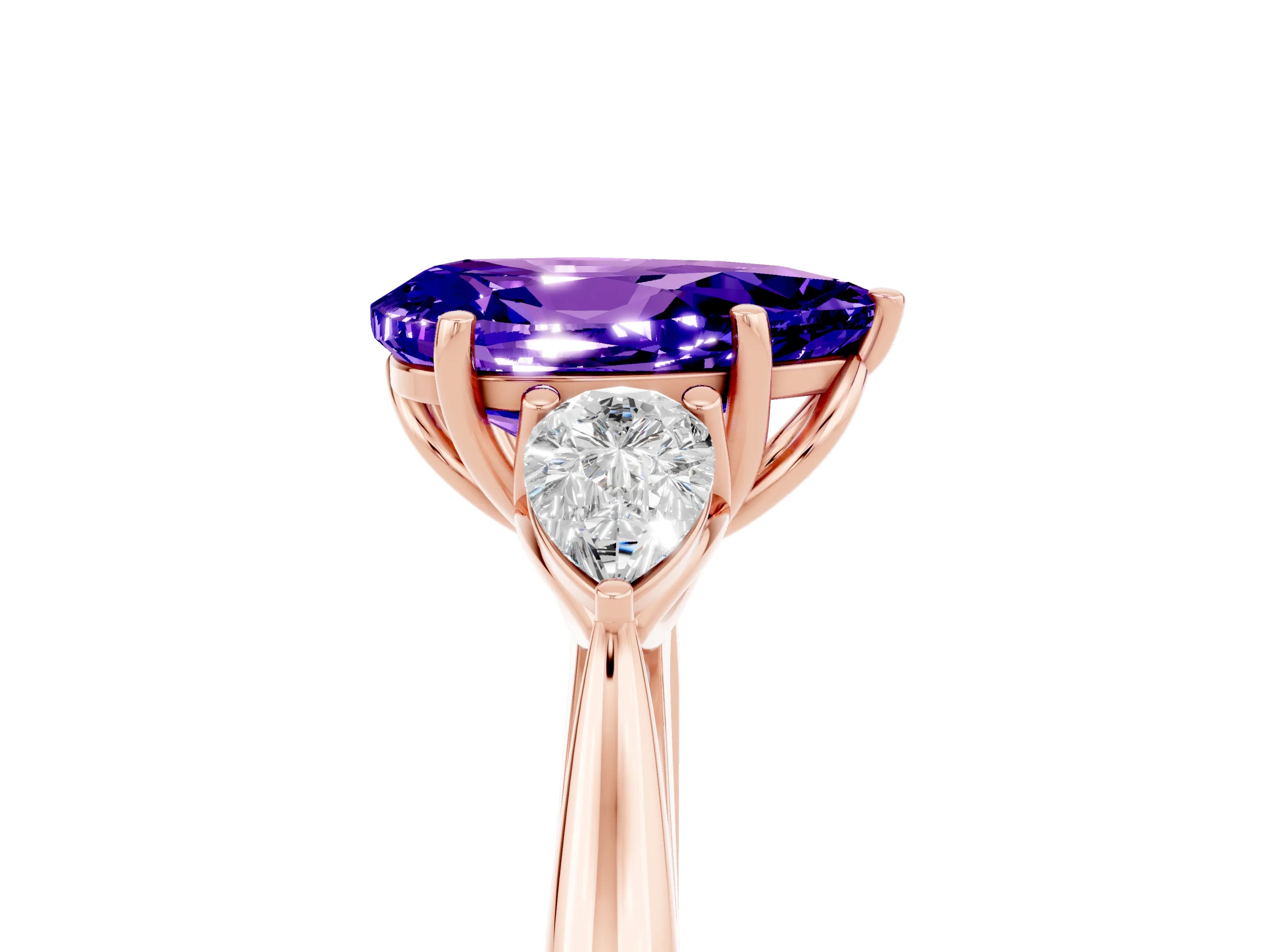 Rose gold Pear Cut Tanzanite Three-Stone Ring with Pear Side Stones and Four-Prong Setting_17